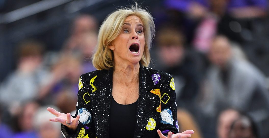 LAS VEGAS, NV - NOVEMBER 06: LSU Tigers head coach Kim Mulkey looks on during the Hall of Fame Series, a women's college basketball game between the LSU Tigers and the Colorado Buffaloes on November 6, 2023 at T-Mobile Arena in Las Vegas, NV.