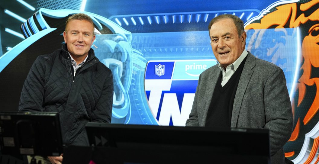 CHICAGO, IL - NOVEMBER 09: Kirk Herbstreit and Al Michaels in the Amazon Prime TNF broadcast booth prior to an NFL football game between the Carolina Panthers and the Chicago Bears at Soldier Field on November 9, 2023 in Chicago, Illinois.