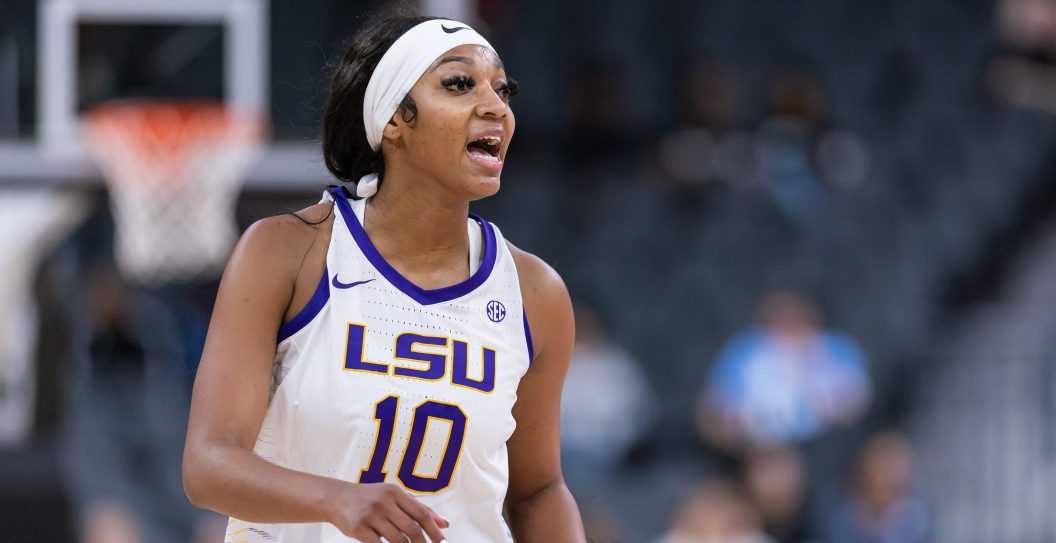 LAS VEGAS, NEVADA - NOVEMBER 6: Angel Reese #10 of the LSU Lady Tigers is seen during the game against the Colorado Buffaloes in the Naismith Hall of Fame Series at T-Mobile Arena on November 6, 2023 in Las Vegas, Nevada.