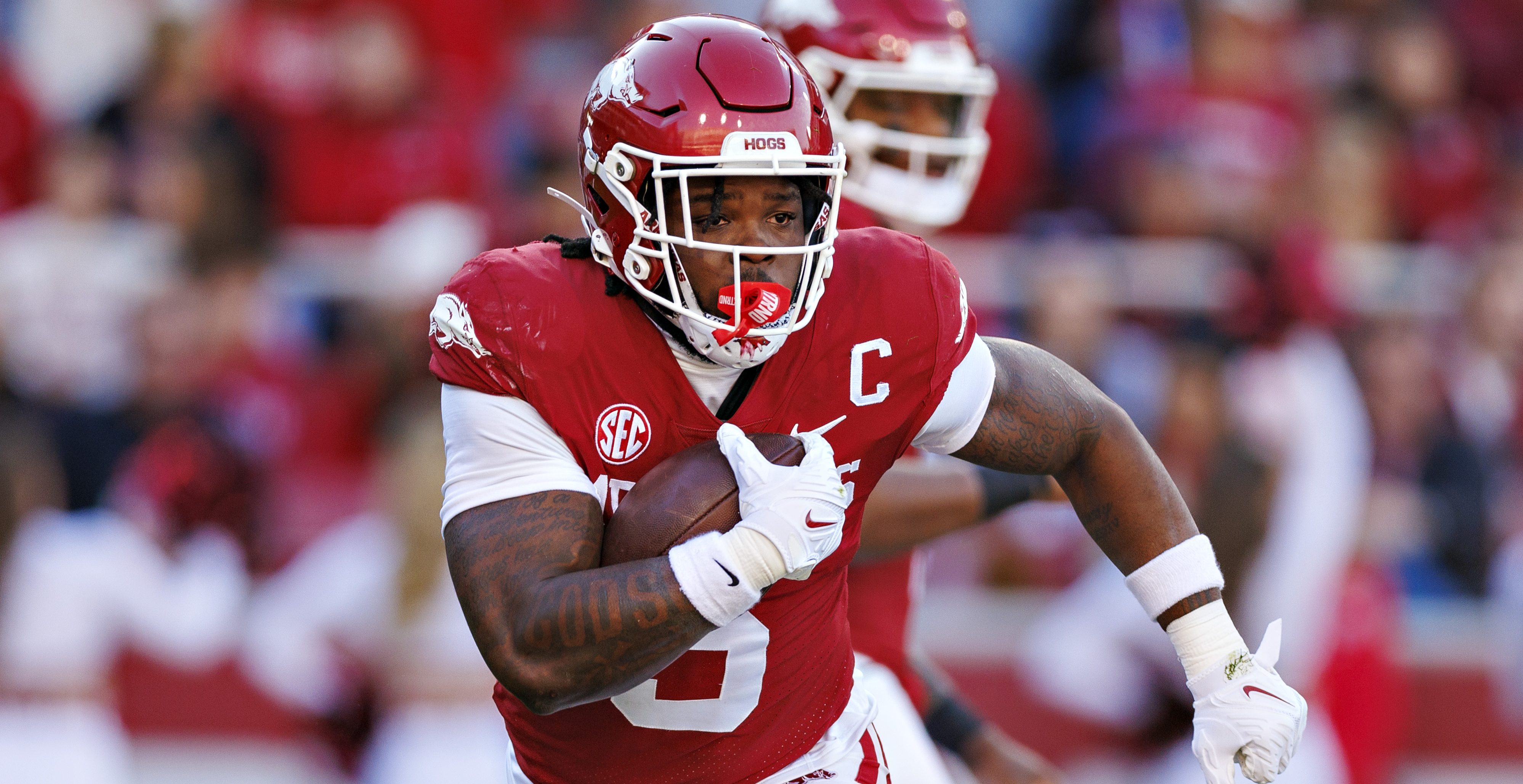 FAYETTEVILLE, ARKANSAS - NOVEMBER 11: Raheim Sanders #5 of the Arkansas Razorbacks runs the ball during the game against the Auburn Tigers at Donald W. Reynolds Razorback Stadium on November 11, 2023 in Fayetteville, Arkansas. The Tigers defeated the Razorbacks 48-10.