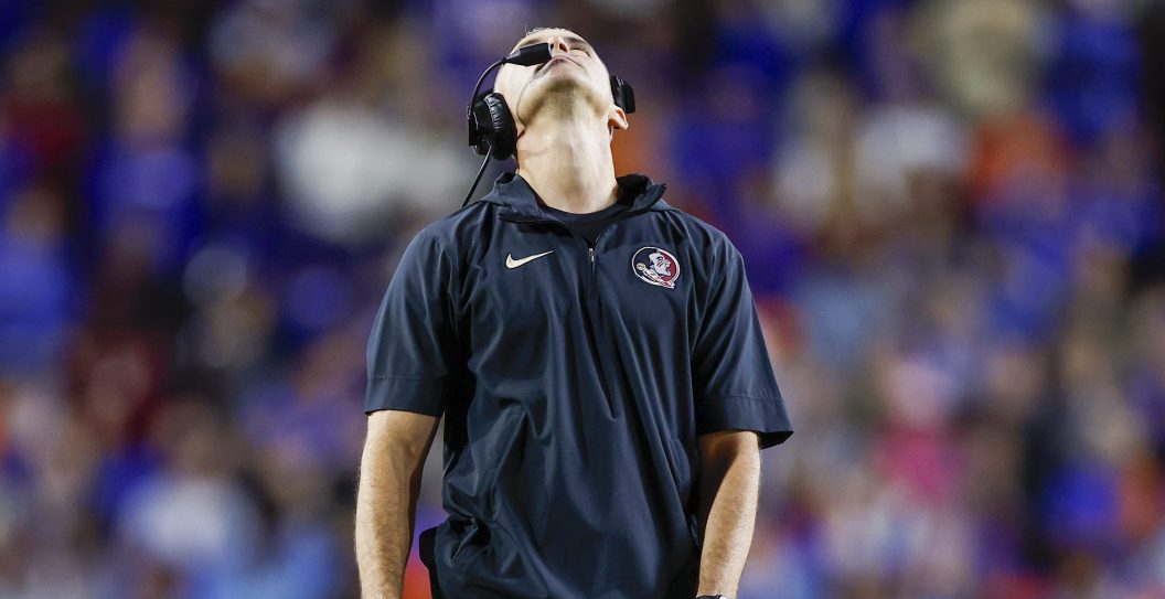 GAINESVILLE, FL - NOVEMBER 25: Florida State Seminoles head coach Mike Norvell reacts after a play during the game between the Florida Gators and the Florida State Seminoles on November 25, 2023 at Ben Hill Griffin Stadium at Florida Field in Gainesville, Fl.