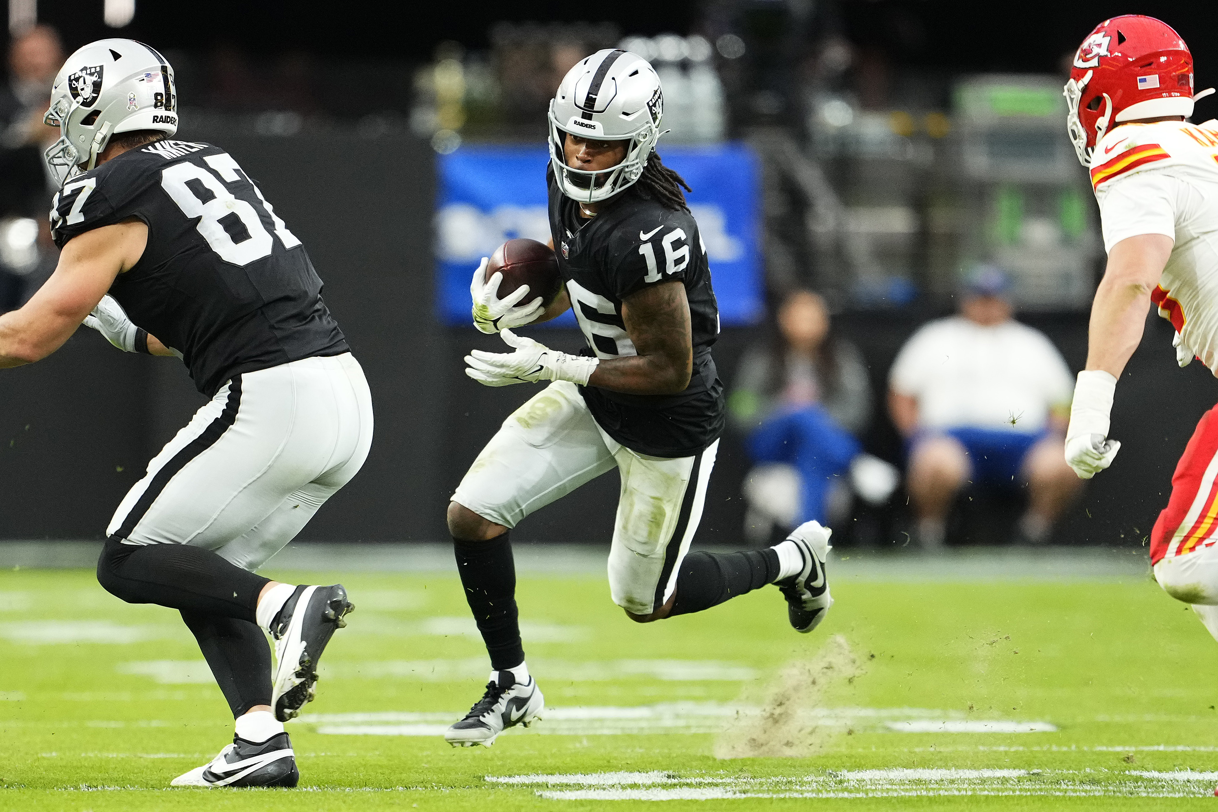 LAS VEGAS, NEVADA - NOVEMBER 26: Jakobi Meyers #16 of the Las Vegas Raiders runs with the ball during the first quarter of a game against the Kansas City Chiefs at Allegiant Stadium on November 26, 2023 in Las Vegas, Nevada. 