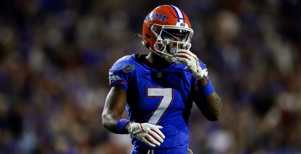GAINESVILLE, FLORIDA - NOVEMBER 25: Trevor Etienne #7 of the Florida Gators looks on during the first half of a game against the Florida State Seminoles at Ben Hill Griffin Stadium on November 25, 2023 in Gainesville, Florida.