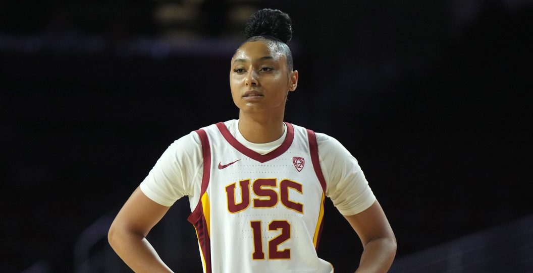 LOS ANGELES, CALIFORNIA - NOVEMBER 28: Southern California Trojans guard JuJu Watkins (12) reacts during a NCAA college women's basketball game against the Cal Poly SLO Mustangs on November 28, 2023 in Los Angeles, California. USC defeated Cal Poly 85-44.