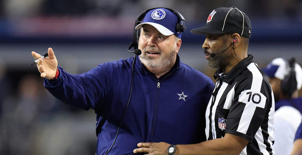 ARLINGTON, TEXAS - NOVEMBER 30: Head coach Mike McCarthy of the Dallas Cowboys talks with a referee on the sidelines during the 2nd quarter of the game against the Seattle Seahawks at AT&T Stadium on November 30, 2023 in Arlington, Texas.