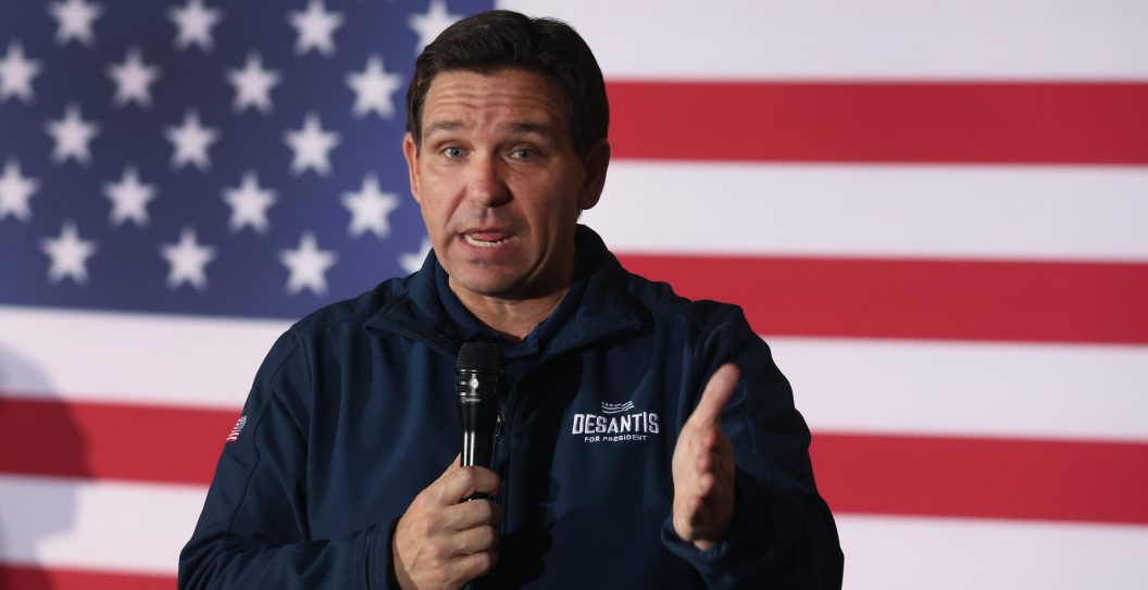 NEWTON, IOWA - DECEMBER 02: Republican presidential candidate Florida Governor Ron DeSantis speaks to guests during a campaign rally at the Thunderdome on December 02, 2023 in Newton, Iowa. Iowa Republicans will be the first to select their party's nominee for president when they go to caucus on January 15, 2024.