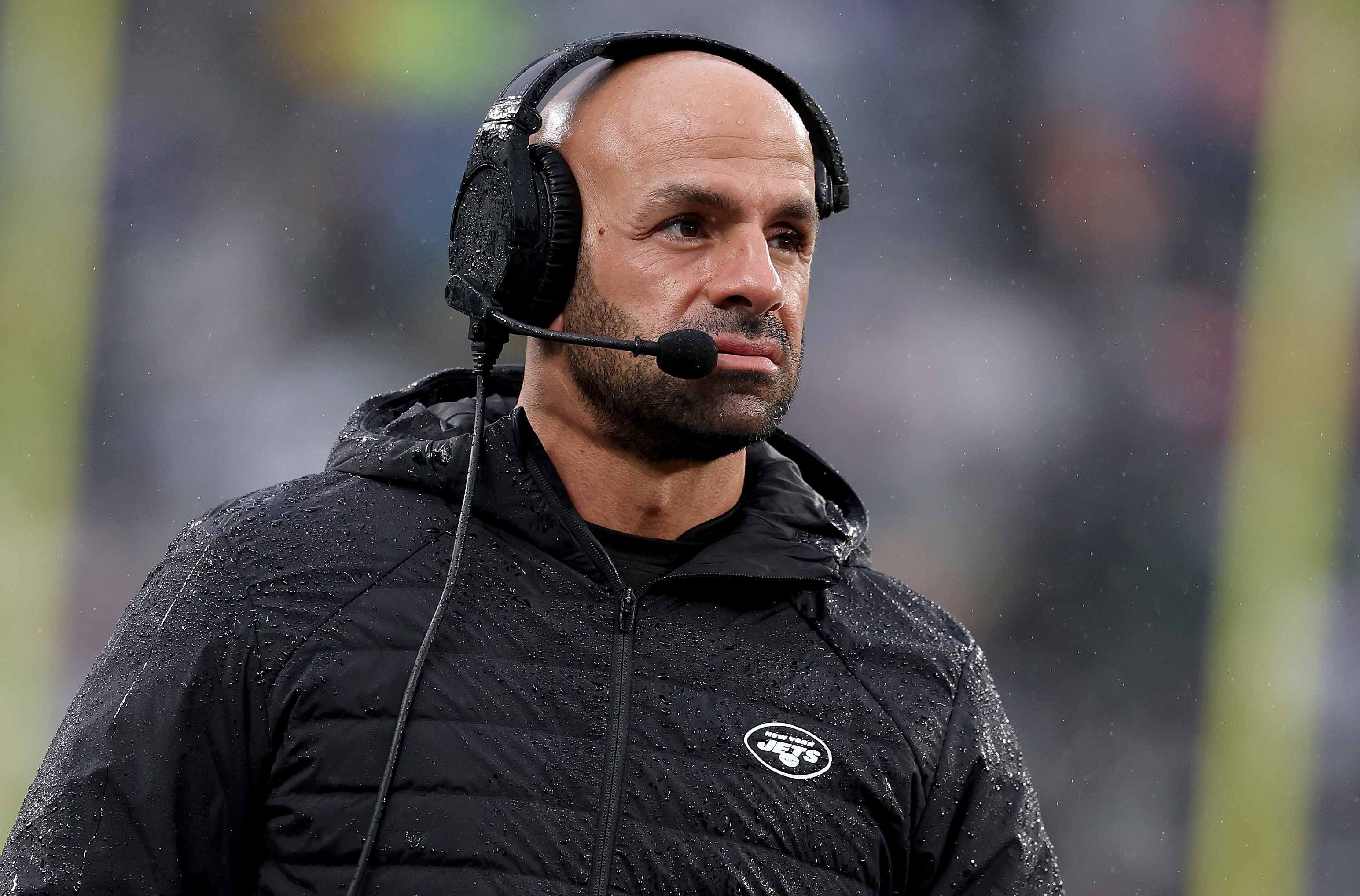 EAST RUTHERFORD, NEW JERSEY - DECEMBER 03: Head coach Robert Salah of the New York Jets looks on from the sideline during the first half against the Atlanta Falcons at MetLife Stadium on December 03, 2023 in East Rutherford, New Jersey. 