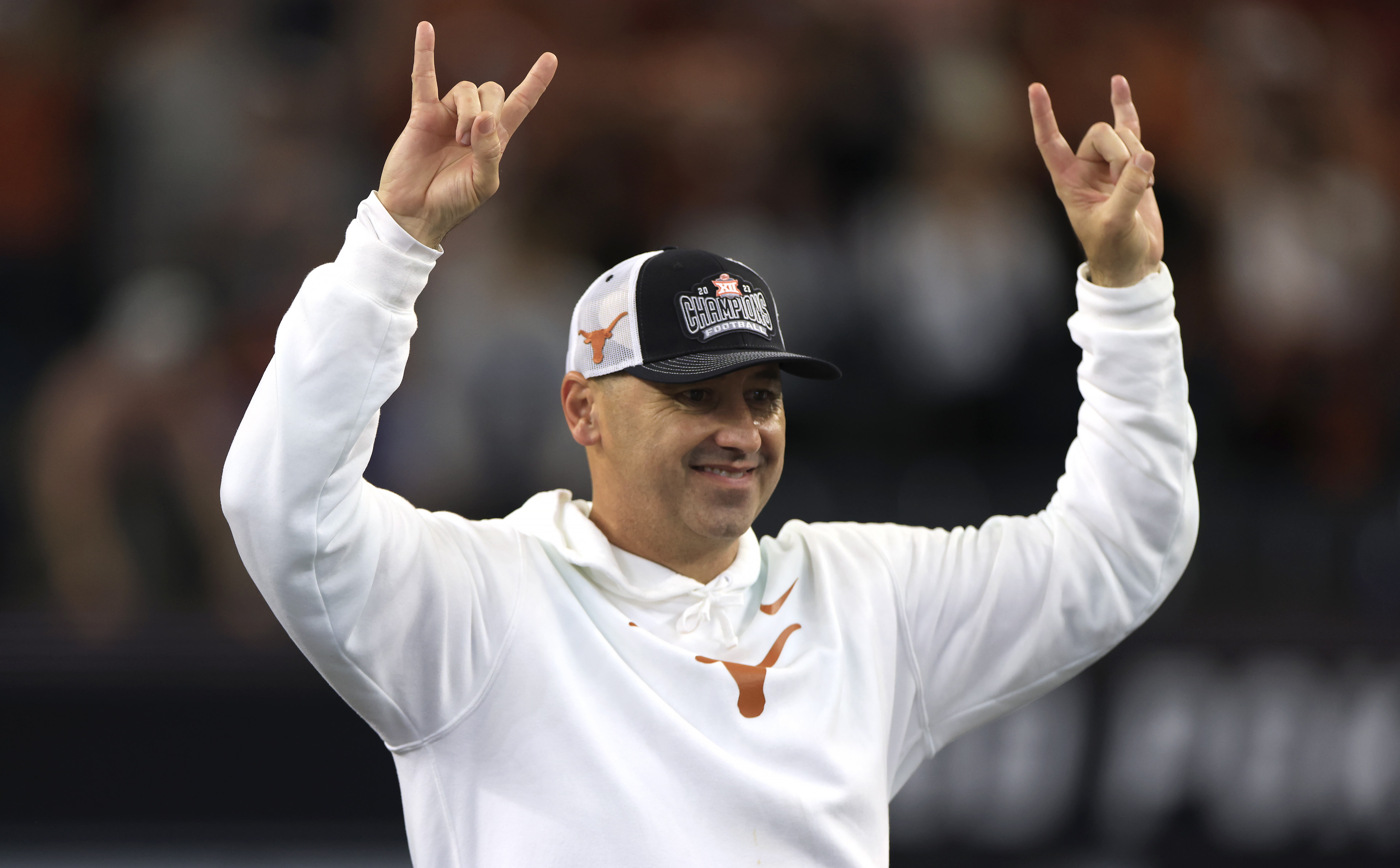 ARLINGTON, TX - DECEMBER 2: Head coach Steve Sarkisian of the Texas Longhorns celebrates after Texas defeated the Oklahoma State Cowboys in the Big 12 Championship at AT&T Stadium on December 2, 2023 in Arlington, Texas.  