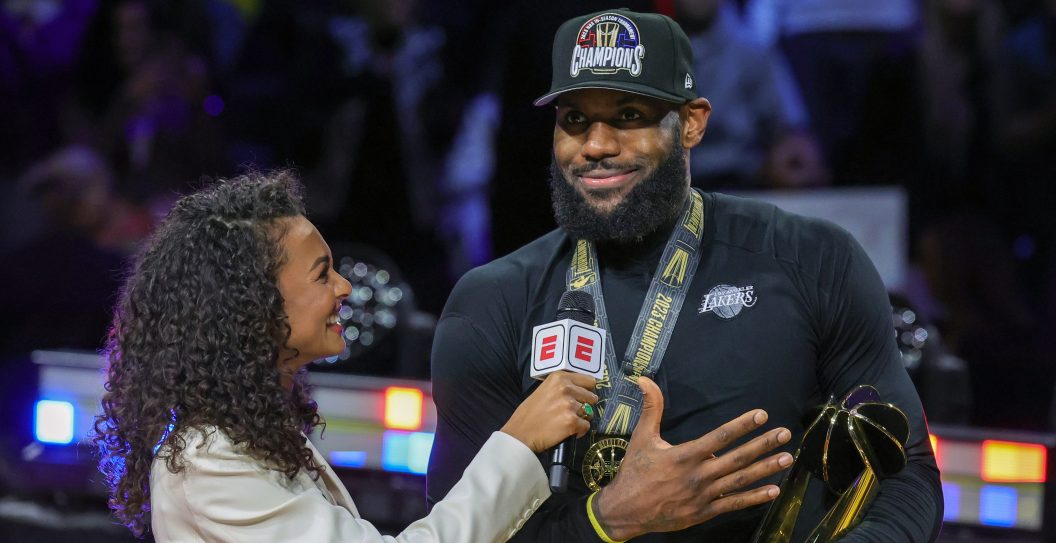 LAS VEGAS, NEVADA - DECEMBER 09: Malika Andrews (L) interviews LeBron James #23 of the Los Angeles Lakers after he won the MVP trophy following the team's 123-109 victory over the Indiana Pacers to win the championship game of the inaugural NBA In-Season Tournament at T-Mobile Arena on December 09, 2023 in Las Vegas, Nevada. NOTE TO USER: User expressly acknowledges and agrees that, by downloading and or using this photograph, User is consenting to the terms and conditions of the Getty Images License Agreement.