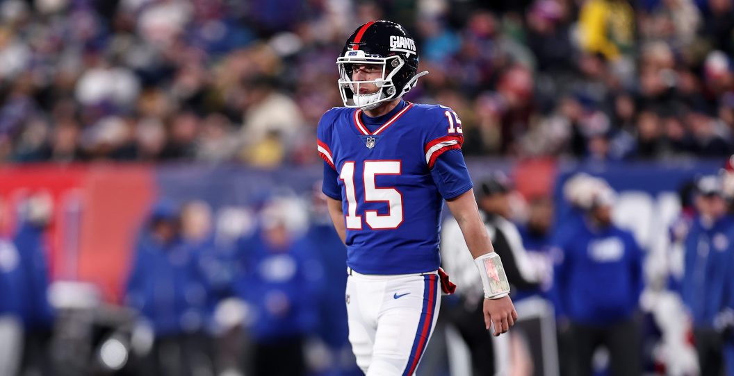 EAST RUTHERFORD, NEW JERSEY - DECEMBER 11: Tommy DeVito #15 of the New York Giants reacts against the Green Bay Packers during the first quarter in the game at MetLife Stadium on December 11, 2023 in East Rutherford, New Jersey.