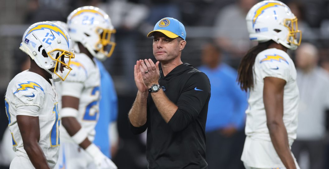 LAS VEGAS, NEVADA - DECEMBER 14: Head coach Brandon Staley of the Los Angeles Chargers looks on before playi against the Las Vegas Raiders at Allegiant Stadium on December 14, 2023 in Las Vegas, Nevada.
