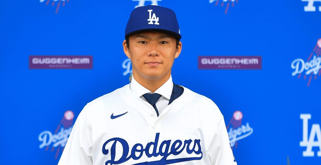 LOS ANGELES, CA - DECEMBER 27: Newly acquired Los Angeles Dodgers pitcher Yoshinobu Yamamoto is introduced at a press conference on December 27, 2023 at Dodger Stadium in Los Angeles, CA.