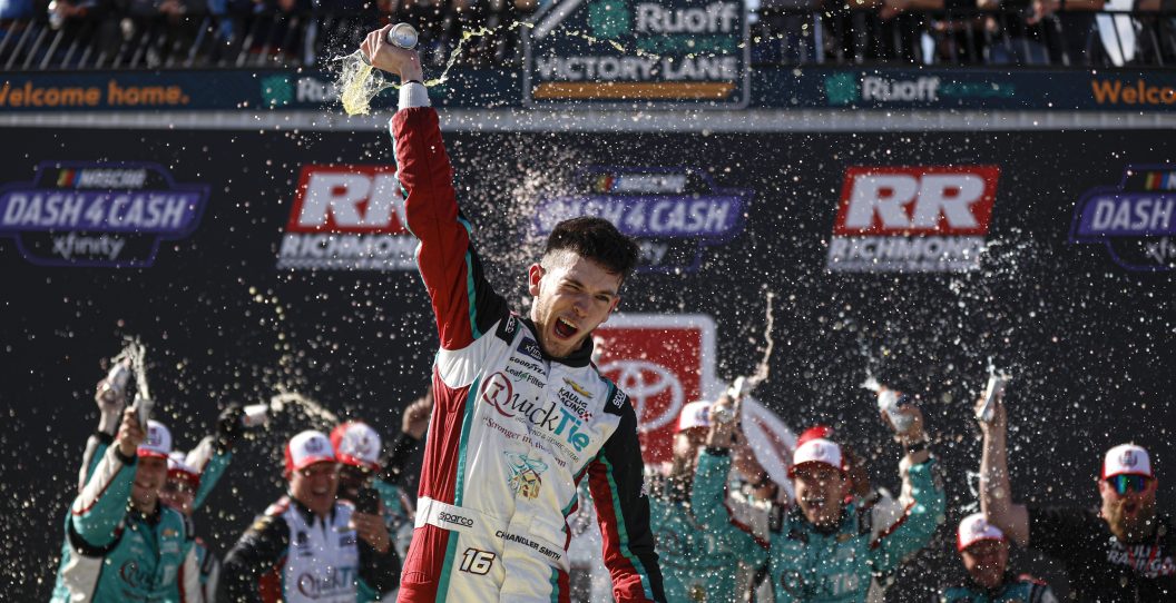 RICHMOND, VIRGINIA - APRIL 01: Chandler Smith, driver of the #16 Quick Tie Products Inc. Chevrolet, celebrates in victory lane after winning the NASCAR Xfinity Series ToyotaCare 250 at Richmond Raceway on April 01, 2023 in Richmond, Virginia.