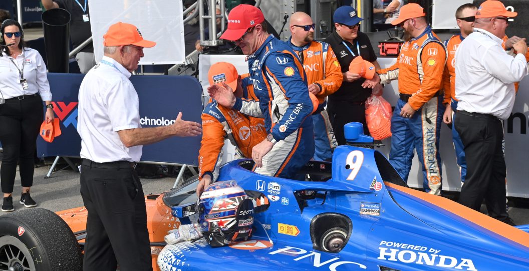 MADISON, IL - AUGUST 27: Scott Dixon (PNC Bank Chip Ganessi Racing, Honda) celebrates after winning the Bommarito Automotive Group 500 IndyCar race on August 27, 2023, at World Wide Technology Raceway in Madison, Ill.
