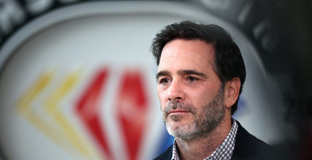 CHARLOTTE, NORTH CAROLINA - AUGUST 02: Jimmie Johnson speaks with the media after receiving the votes to be inducted during the NASCAR Hall of Fame Voting Day at NASCAR Hall of Fame on August 02, 2023 in Charlotte, North Carolina.