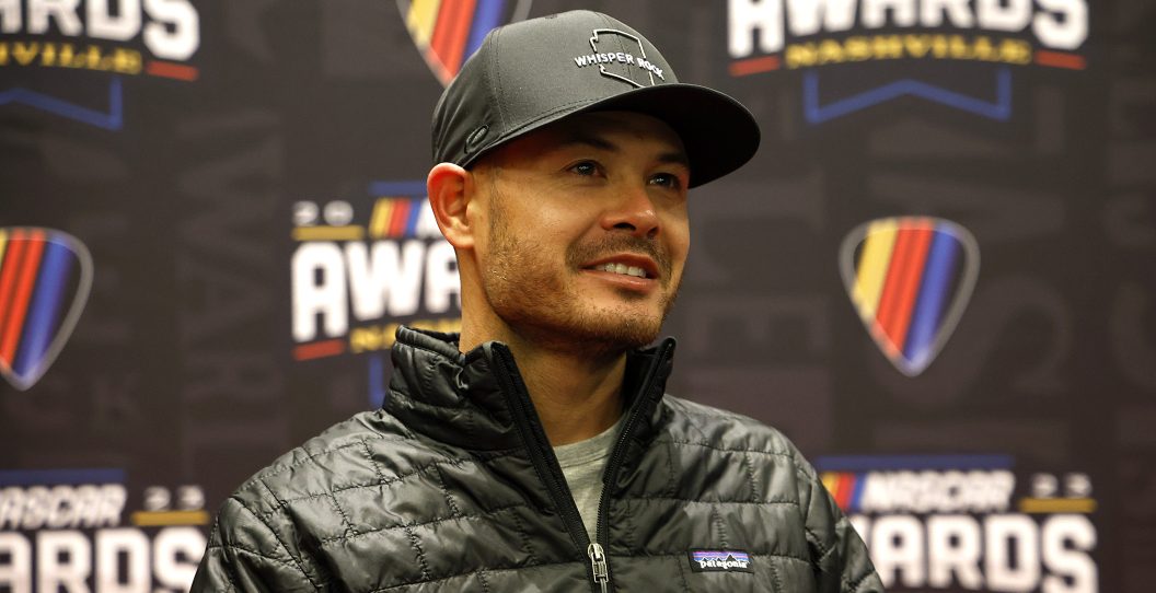 NASHVILLE, TENNESSEE - NOVEMBER 30: NASCAR Cup Series driver, Kyle Larson speaks to the media during the media scrum at Music City Center on November 30, 2023 in Nashville, Tennessee.