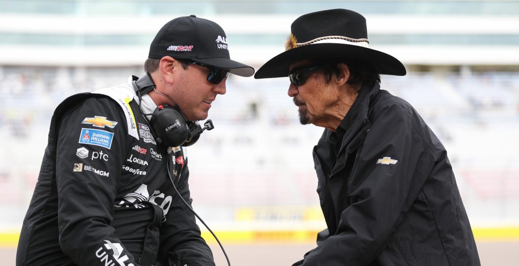LAS VEGAS, NEVADA - MARCH 04: Kyle Busch, driver of the #8 Alsco Chevrolet, and NASCAR Hall of Famer and GMS Motorsports owner Richard Petty talk on the grid during practice for the NASCAR Cup Series Pennzoil 400 at Las Vegas Motor Speedway on March 04, 2023 in Las Vegas, Nevada.