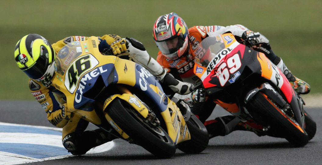 PHILLIP ISLAND, AUSTRALIA - SEPTEMBER 17: Valentino Rossi of Italy and the Camel Yamaha Team is followed by Nicky Hayden of the USA and the Repsol Honda Team during the Australian Motorcycle Grand Prix at the Phillip Island Circuit September 17, 2006 in Phillip Island, Australia. The Australian Motorcycle Grand Prix is round 14 of the MotoGP Championship.