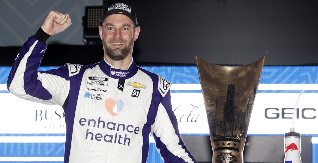 CHICAGO, ILLINOIS - JULY 02: Shane Van Gisbergen, driver of the #91 Enhance Health Chevrolet, celebrates in victory lane after winning the NASCAR Cup Series Grant Park 220 at the Chicago Street Course on July 02, 2023 in Chicago, Illinois.