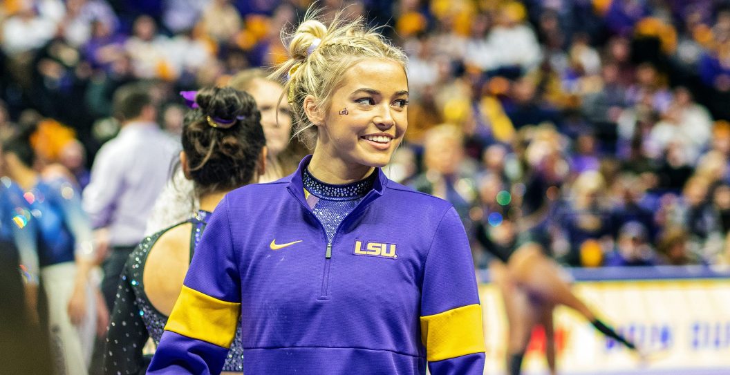 BATON ROUGE, LA - FEBRUARY 17: LSU Tigers gymnast Olivia Dunne during a meet between the LSU Tigers and the Florida Gators on February 17, 2023, at the Pete Maravich Assembly Center in Baton Rouge, Louisiana.