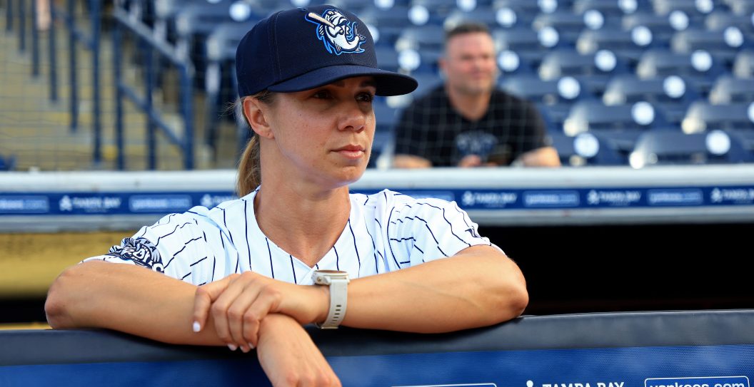 TAMPA, FLORIDA - APRIL 12: Tampa Tarpons Manager Rachel Balkovec, the first full-time female manager in the history of affiliated baseball looks on during a game against the Dunedin Blue Jays at George M. Steinbrenner Field on April 12, 2022 in Tampa, Florida.
