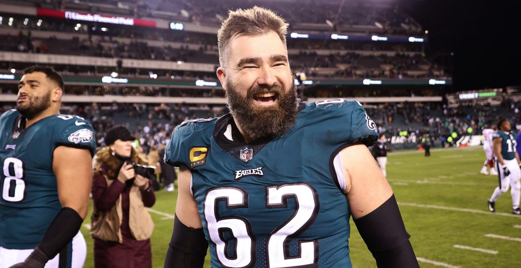 PHILADELPHIA, PENNSYLVANIA - JANUARY 21: Jason Kelce #62 of the Philadelphia Eagles celebrates on the field after defeating the New York Giants 38-7 in the NFC Divisional Playoff game at Lincoln Financial Field on January 21, 2023 in Philadelphia, Pennsylvania.