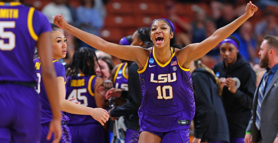 GREENVILLE, SOUTH CAROLINA - MARCH 24: Angel Reese #10 of the LSU Lady Tigers celebrates after the LSU Lady Tigers beat the Utah Utes 66-63 in the Sweet 16 round of the NCAA Women's Basketball Tournament at Bon Secours Wellness Arena on March 24, 2023 in Greenville, South Carolina.