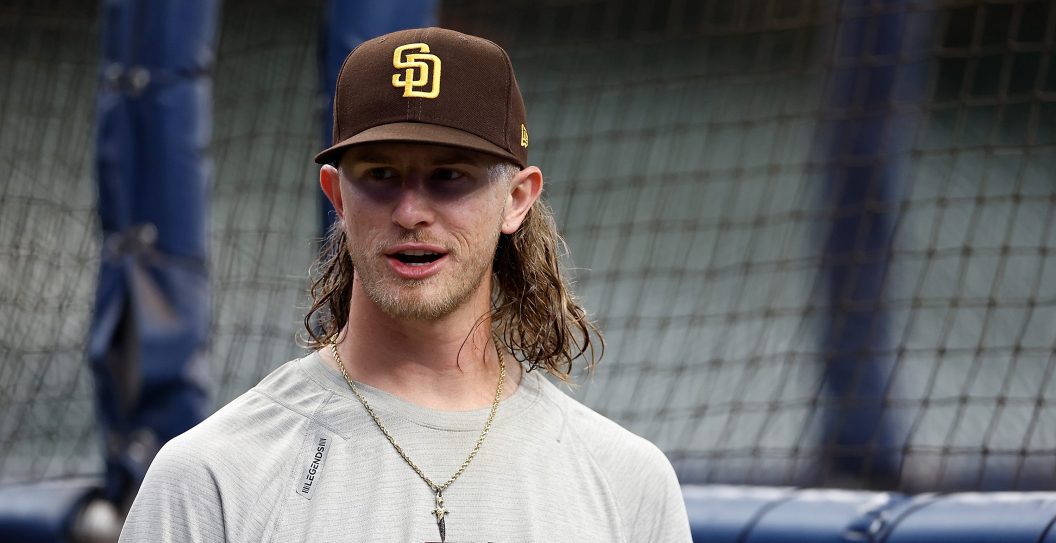 MILWAUKEE, WISCONSIN - AUGUST 26: Josh Hader #71 of the San Diego Padres visits with his former teammates in his first visit bak to Milwaukee before the game against the Milwaukee Brewers at American Family Field on August 26, 2023 in