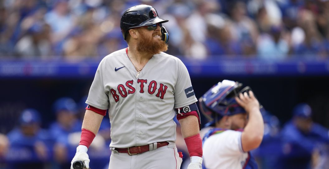 TORONTO, ON - SEPTEMBER 17: Justin Turner #2 of the Boston Red Sox reacts to striking out against the Boston Red Sox during the ninth inning in their MLB game at the Rogers Centre on September 17, 2023 in Toronto, Ontario, Canada.