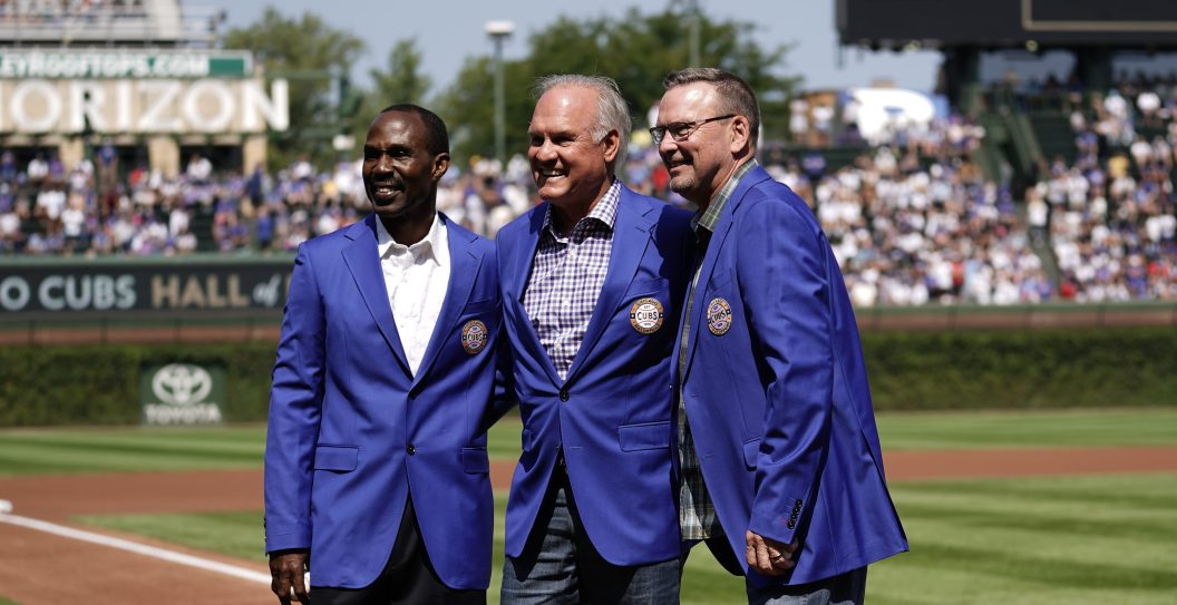CHICAGO, ILLINOIS - SEPTEMBER 10: (L-R) Members of the Chicago Cubs Baseball Hall of Fame Shawon Dunston, Ryne Sandberg, and Mark Grace, pose for a photo during a ceeremon at Wrigley Field on September 10, 2023 in
