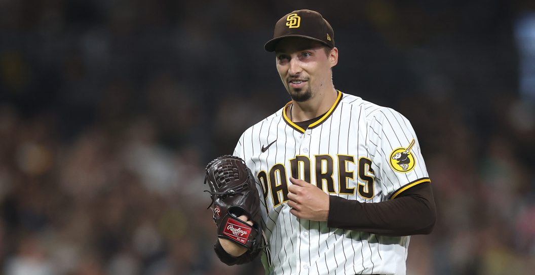 SAN DIEGO, CALIFORNIA - SEPTEMBER 19: Blake Snell #4 of the San Diego Padres reacts as he walks to the dugout after throwing seven hitless innings a game against the Colorado Rockies at PETCO Park on September 19, 2023 in