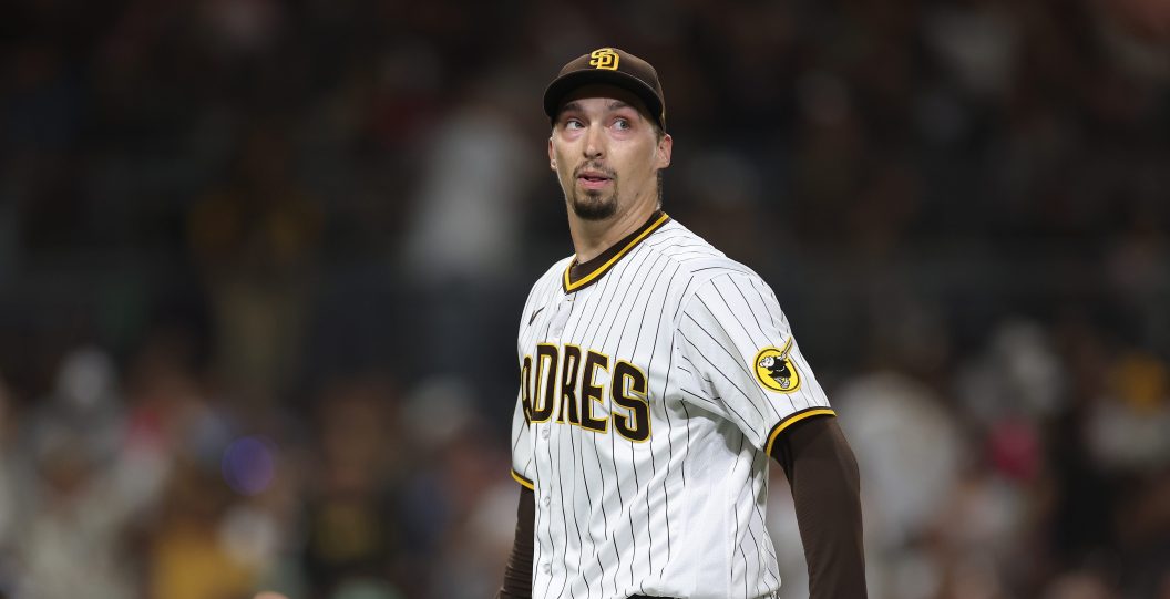 SAN DIEGO, CALIFORNIA - SEPTEMBER 19: Blake Snell #4 of the San Diego Padres reacts as he walks to the dugout after throwing seven hitless innings a game against the Colorado Rockies at PETCO Park on September 19, 2023 in San Diego, California.