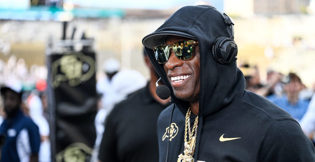 BOULDER, CO - SEPTEMBER 30: Head coach Deion Sanders of the Colorado Buffaloes gives a pregame interview before a game against the USC Trojans at Folsom Field on September 30, 2023 in Boulder, Colorado.