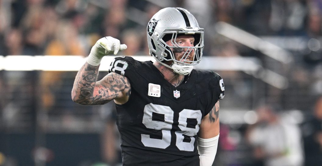 LAS VEGAS, NEVADA - OCTOBER 09: Maxx Crosby #98 of the Las Vegas Raiders reacts during the fourth quarter against the Green Bay Packers at Allegiant Stadium on October 09, 2023 in Las Vegas, Nevada.