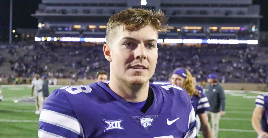 MANHATTAN, KS - OCTOBER 21: Kansas State Wildcats quarterback Will Howard (18) smiles after a Big 12 college football game between the TCU Horned Frogs and Kansas State Wildcats on Oct 21, 2023 at Bill Snyder Family Stadium in Manhattan, KS.