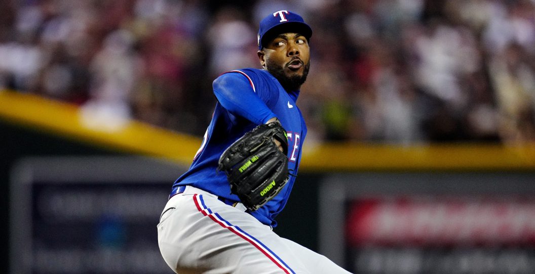 PHOENIX, AZ - NOVEMBER 01: Aroldis Chapman #45 of the Texas Rangers pitches during Game 5 of the 2023 World Series between the Texas Rangers and the Arizona Diamondbacks at Chase Field on Wednesday, November 1, 2023 in