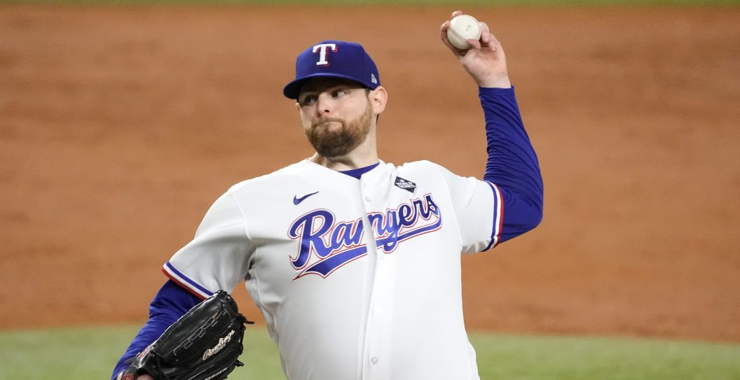 ARLINGTON, TEXAS - OCTOBER 28: Jordan Montgomery #52 of the Texas Rangers pitches in the third inning against the Arizona Diamondbacks during Game Two of the World Series at Globe Life Field on October 28, 2023 in Arlington, Texas.