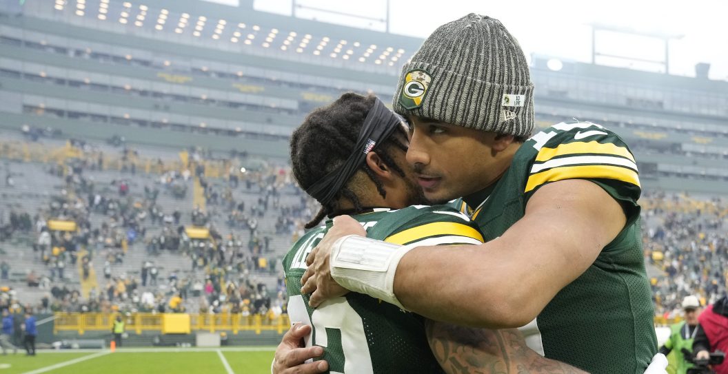 GREEN BAY, WISCONSIN - NOVEMBER 05: Jordan Love #10 of the Green Bay Packers hugs Jaire Alexander #23 after a game against the Los Angeles Rams at Lambeau Field on November 05, 2023 in
