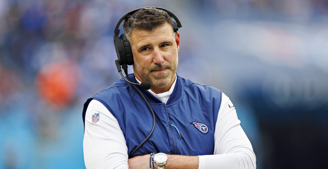 NASHVILLE, TENNESSEE - NOVEMBER 26: Head Coach Mike Vrabel of the Tennessee Titans on the sidelines during the game against the Carolina Panthers at Nissan Stadium on November 26, 2023 in Nashville, Tennessee. The Titans defeated the Panthers 17-10.