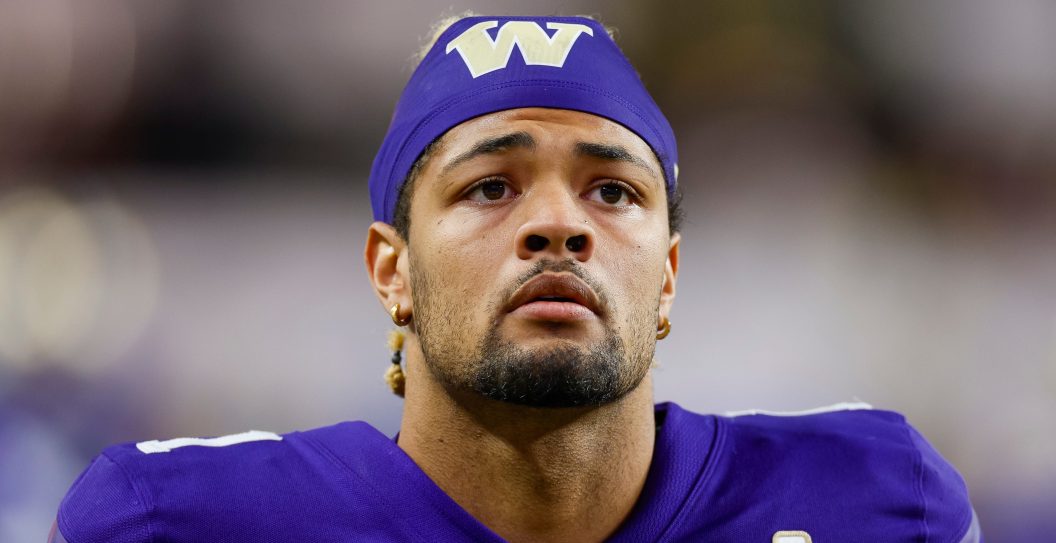 LAS VEGAS, NEVADA - DECEMBER 1: Rome Odunze #1 of the Washington Huskies looks on prior to the Pac-12 Championship game against the Oregon Ducks at Allegiant Stadium on December 1, 2023 in Las Vegas, Nevada.