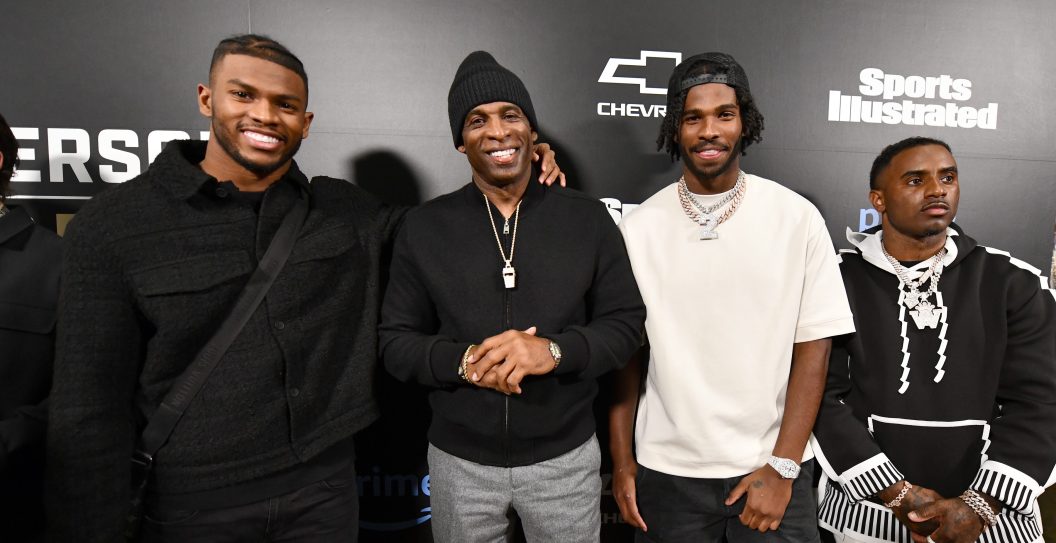 BOULDER, COLORADO - DECEMBER 06: (L-R) CU Football Players Shilo Sanders, University of Colorado Head Football Coach Deion Sanders, CU Football players Shedeur Sanders and Deion Sanders Jr at the 2023 Sport Illustrated Sportsperson Of The Year Award at the CU Events Center December 06, 2023 in Boulder, Colorado.