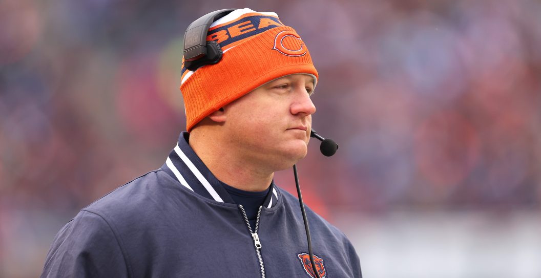 CHICAGO, ILLINOIS - DECEMBER 10: Offensive coordinator Luke Getsy of the Chicago Bears looks on during the first quarter in the game against the Detroit Lions at Soldier Field on December 10, 2023 in Chicago, Illinois.