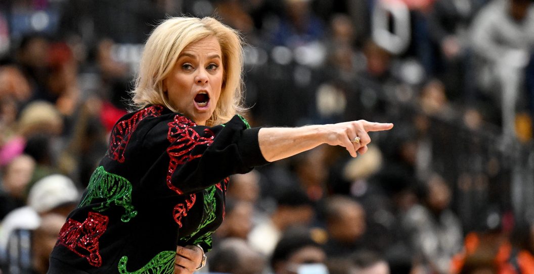 BALTIMORE, MARYLAND - DECEMBER 20: Head coach Kim Mulkey of the LSU Lady Tigers watches the game against the Coppin State Eagles at Coppin State University on December 20, 2023 in Baltimore, Maryland.