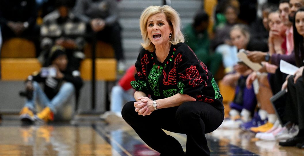 BALTIMORE, MARYLAND - DECEMBER 20: Head coach Kim Mulkey of the LSU Lady Tigers watches the game against the Coppin State Eagles at Coppin State University on December 20, 2023 in Baltimore, Maryland.