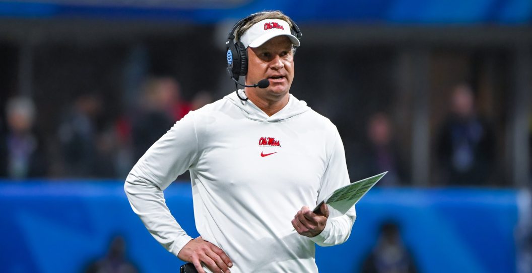 ATLANTA, GA - DECEMBER 30: Mississippi Rebels head coach Lane Kiffin during the Chick-fil-A Peach Bowl game between the Penn State Nittany Lions and Mississippi Rebels on December 30, 2023 at the Mercedes-Benz Stadium in Atlanta, GA.