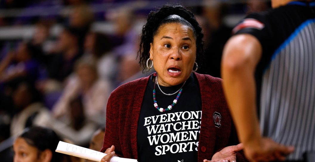 GREENVILLE, NORTH CAROLINA - DECEMBER 30: Head coach Dawn Staley of the South Carolina Gamecocks questions a call by an official during the game against the East Carolina Lady Pirates in Williams Arena at Minges Coliseum on December 30, 2023 in Greenville, North Carolina. SC won 73-36.