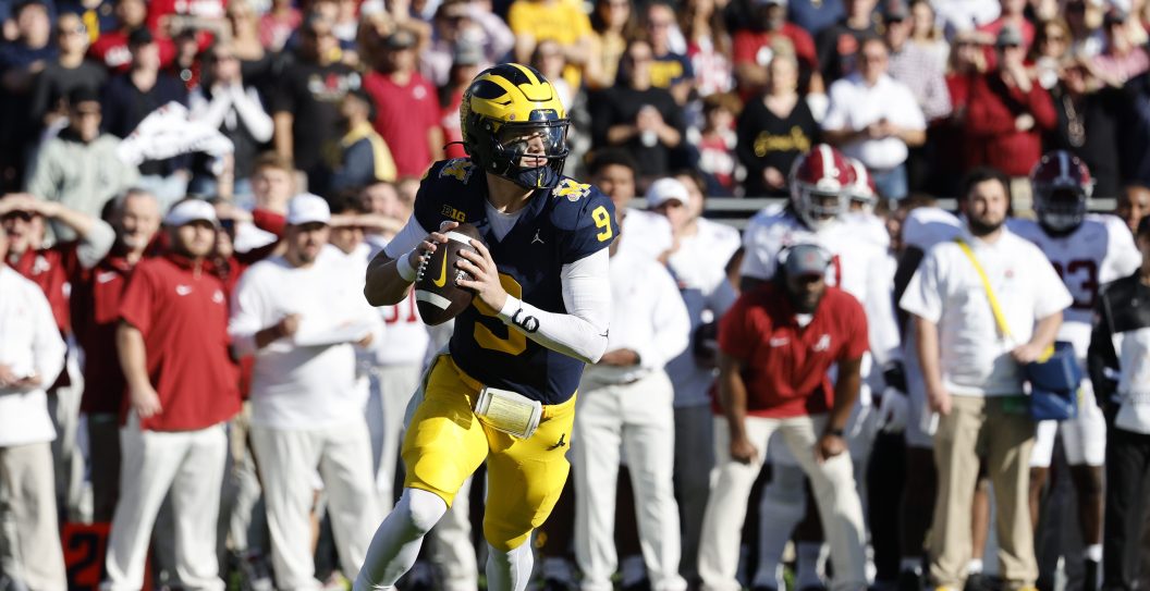 PASADENA, CALIFORNIA - JANUARY 01: J.J. McCarthy #9 of the Michigan Wolverines drops back to pass in the first quarter against the Alabama Crimson Tide during the CFP Semifinal Rose Bowl Game at Rose Bowl Stadium on January 01, 2024 in Pasadena, California.