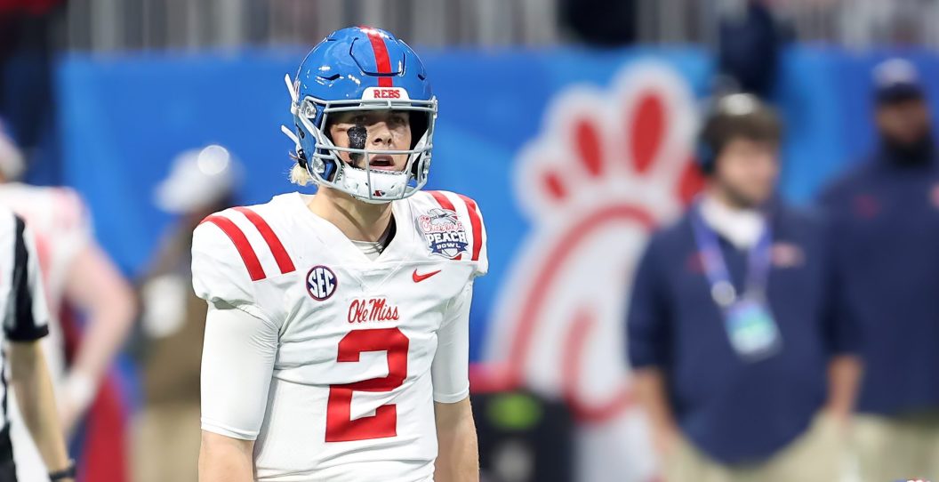 ATLANTA, GA - DECEMBER 30: Ole Miss Rebels quarterback Jaxson Dart (2) during the Chick-fil-A Peach Bowl between the Penn State Nittany Lions and the Mississippi Rebels on December 30, 2023 at Mercedes-Benz Stadium in Atlanta, Georgia.
