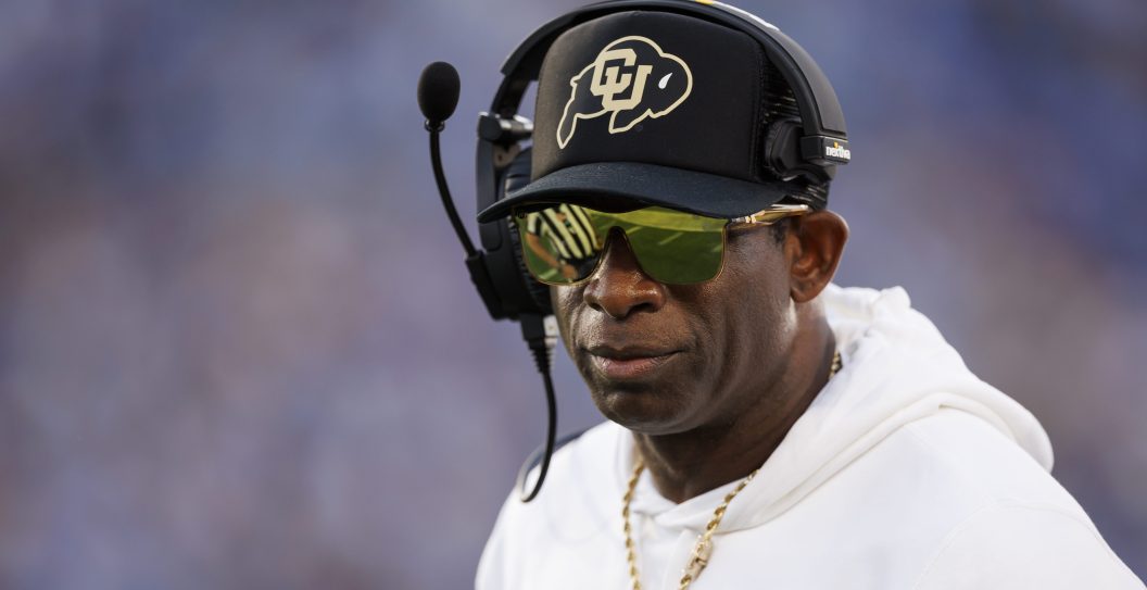 PASADENA, CALIFORNIA - OCTOBER 28: Head coach Deion Sanders of the Colorado Buffaloes looks on from the sideline during the first half of a game against the UCLA Bruins at Rose Bowl Stadium on October 28, 2023 in Pasadena, California.