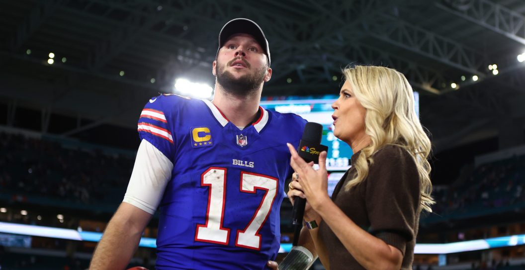 MIAMI GARDENS, FLORIDA - JANUARY 07: Josh Allen #17 of the Buffalo Bills reacts after a 21-14 victory against the Miami Dolphins at Hard Rock Stadium on January 07, 2024 in Miami Gardens, Florida.